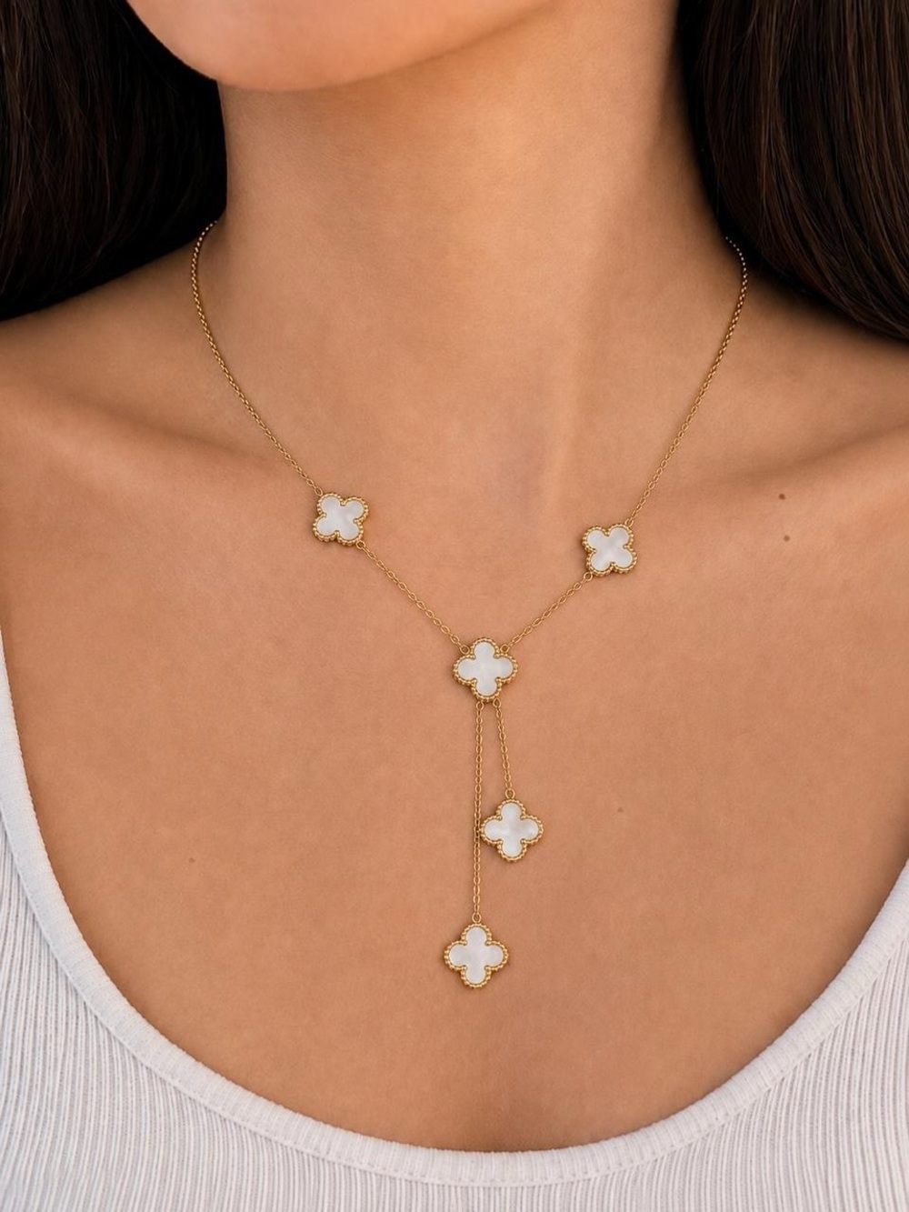 Gold and White Clover Lariat Necklace - Women Jewelry